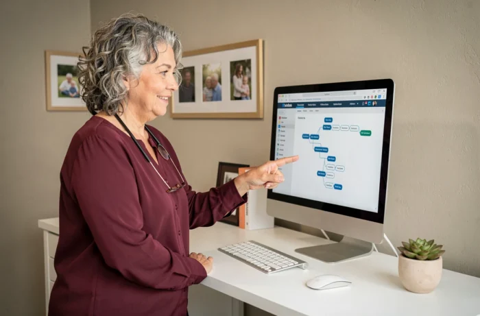 Femme senior debout devant un ordinateur de bureau consultant le plan de navigation d'un site internet