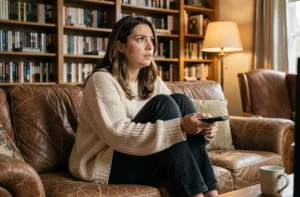 Femme passionnée regardant un film ou une série sur son canapé dans un salon cosy rempli de DVD et de livres de cinéma