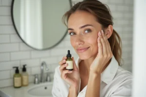 Femme appliquant un sérum Typology sur son visage dans une salle de bain moderne minimaliste