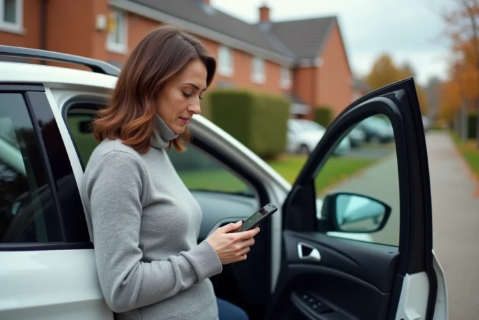 Femme synchronisant son smartphone avec le GPS Ford SYNC devant un Ford Kuga en banlieue