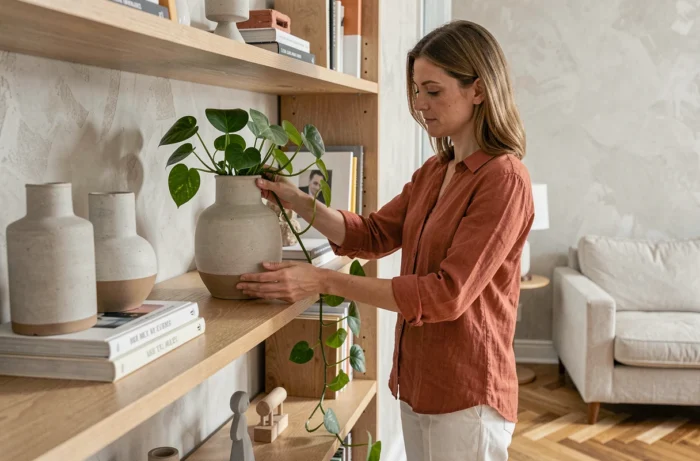 Femme stylisant une étagère scandinave avec des vases céramiques et plantes dans un salon minimaliste