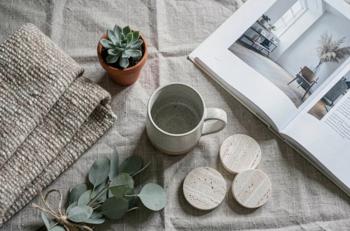 Flat-lay décoratif avec objets de maison soigneusement composés sur lin naturel, incluant céramique, plante succulente et livre de design intérieur
