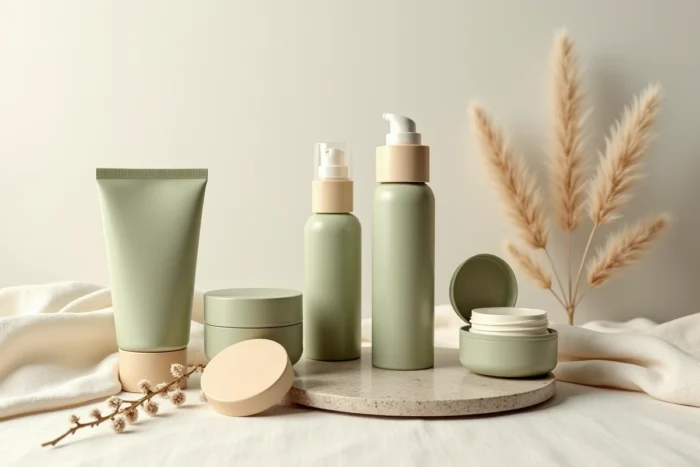 Flat lay de produits de soin Typology sur tissu lin avec accessoires naturels