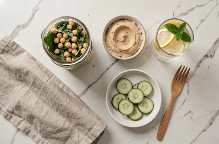 Vue aérienne d'un repas léger et équilibré avec salade de pois chiches, houmous, concombre et eau infusée au citron