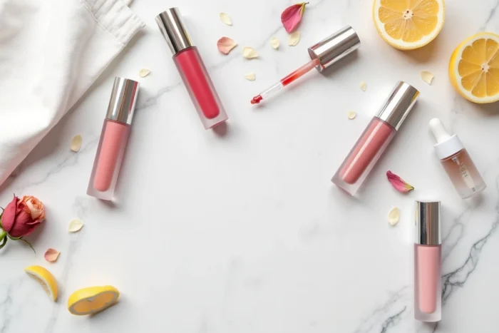 Flat lay de tubes de gloss à lèvres et ingrédients naturels sur marbre blanc pour illustrer les composants irritants