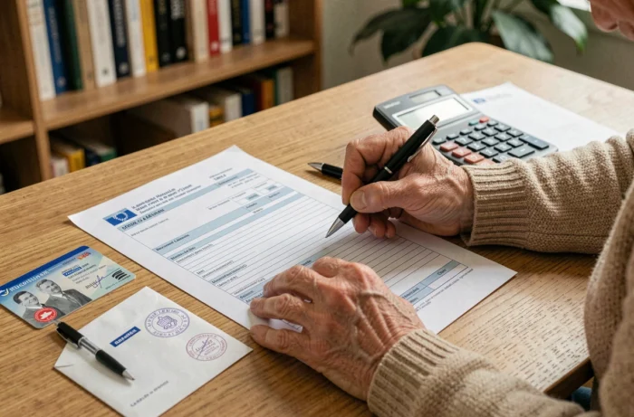 Mains remplissant un formulaire de demande de réduction d'impôts fonciers avec une carte d'invalidité posée sur le bureau
