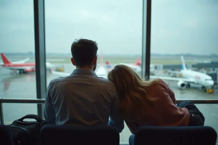 Un couple s'enlaçant tendrement dans un terminal d'aéroport avant leur envol, regardant un message sur un téléphone