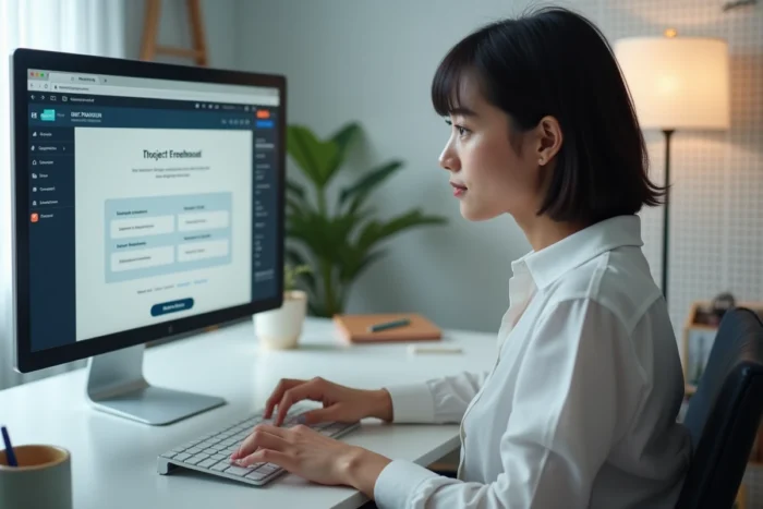 Une jeune femme professionnelle proposant ses services sur une plateforme freelance depuis son bureau à domicile