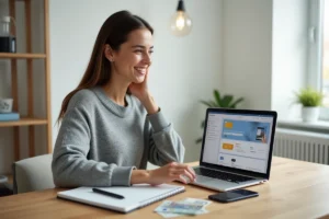 Une jeune femme souriante devant son ordinateur portable dans un bureau à domicile, entourée d'un smartphone, d'un cahier et de billets d'euros, illustrant les moyens de gagner de l'argent en ligne