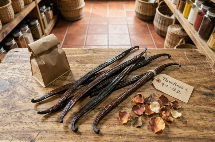 Gousses de vanille de l'île Maurice disposées en flat lay sur une surface en bois avec des étiquettes artisanales dans une boutique locale