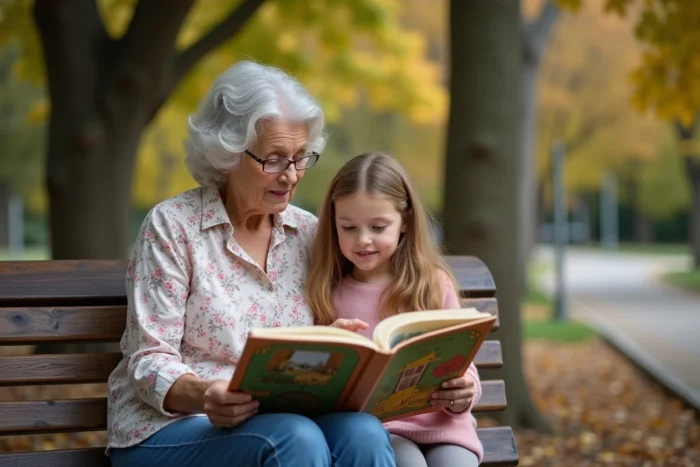Grand-mère lisant un livre illustré avec sa petite-fille sur un banc dans un parc en automne