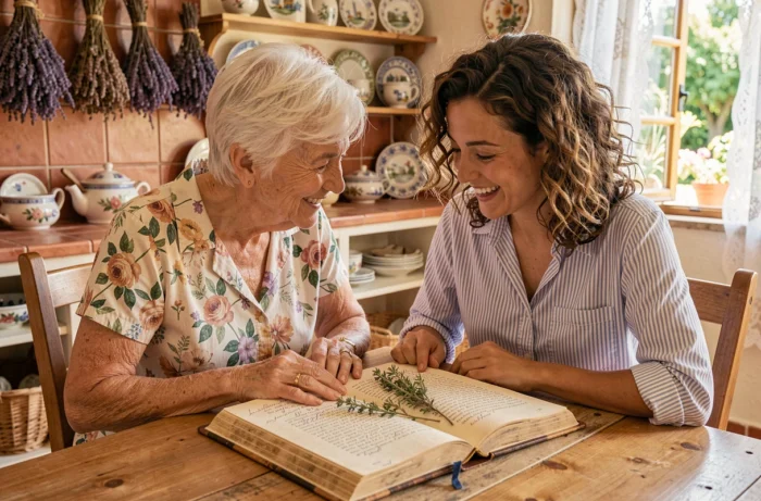 Grand-mère et petite-fille partageant un livre de recettes familial traditionnel dans une cuisine provençale authentique