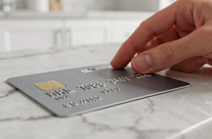 Gros plan sur la date d'expiration MM AA d'une carte bancaire posée sur un comptoir en marbre