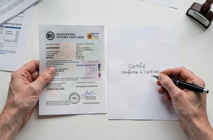 Gros plan de deux mains comparant un document original et sa photocopie annotée certifiée conforme à l'original