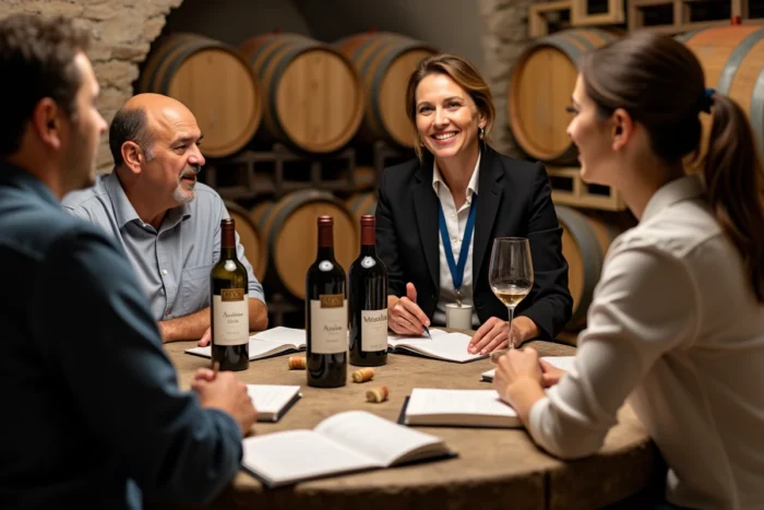 Groupe d'apprenants adultes en formation œnologie certifiée CPF dans une cave viticole avec instructrice sommelière