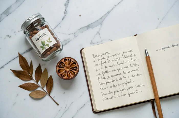 Vue de dessus d'une mise en scène avec capsules de haritaki, fruit coupé et notes bien-être sur marbre blanc