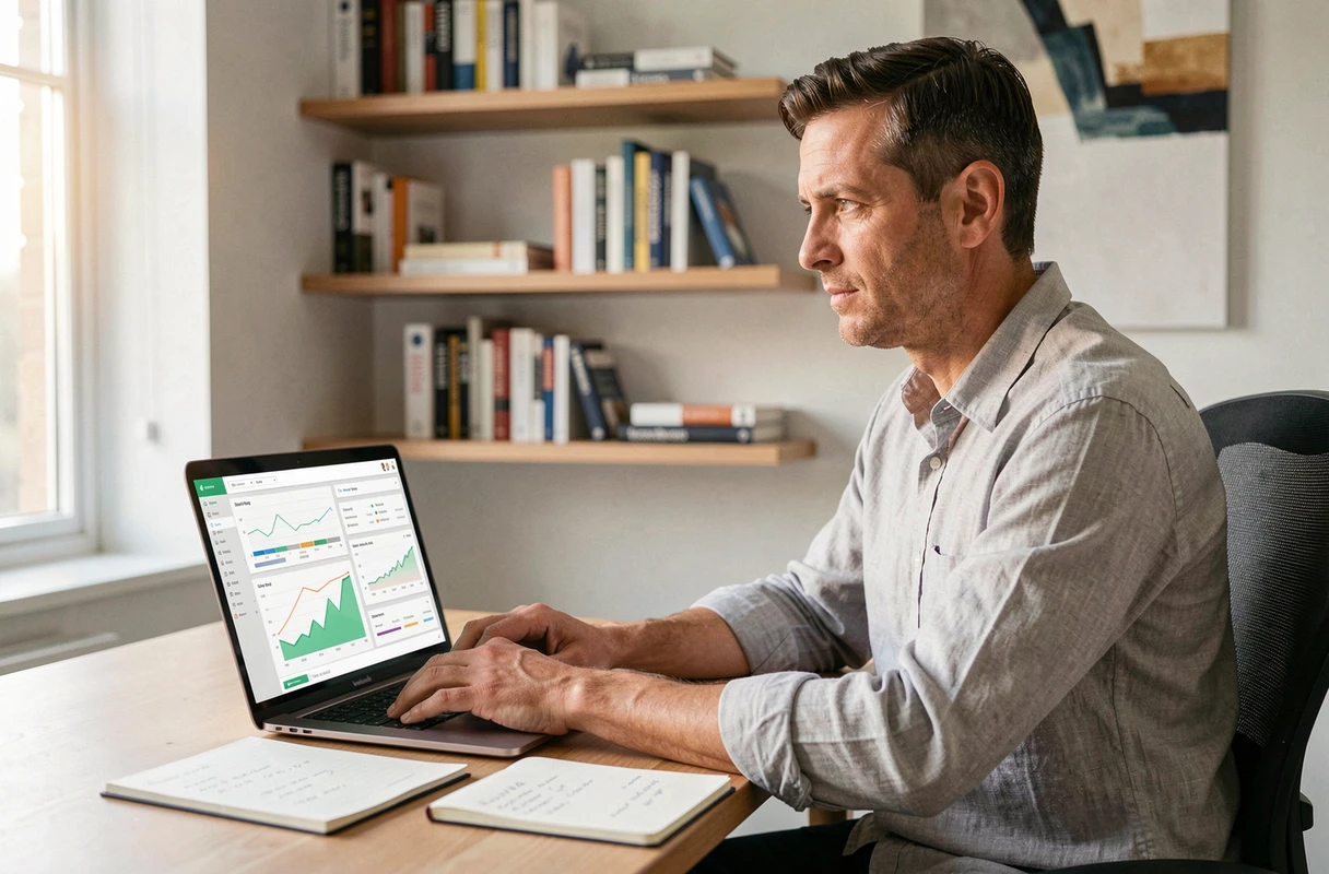 Homme analysant des données de rentabilité immobilière sur ordinateur portable dans un bureau minimaliste