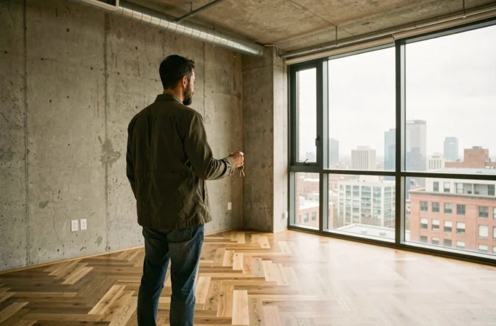 Homme seul dans un appartement vide tenant des clés, contemplant la décision d'acheter ou louer un logement en 2026