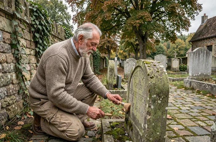 Homme âgé nettoyant une pierre tombale ancestrale dans un vieux cimetière de village français à l'automne