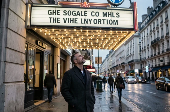 Homme contemplant une marquise de cinéma vintage dans une rue urbaine au crépuscule, ambiance nostalgique et cinématographique