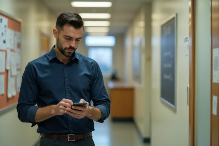 Homme dans un couloir administratif scolaire consultant son smartphone face à un problème de connexion ID AC Versailles