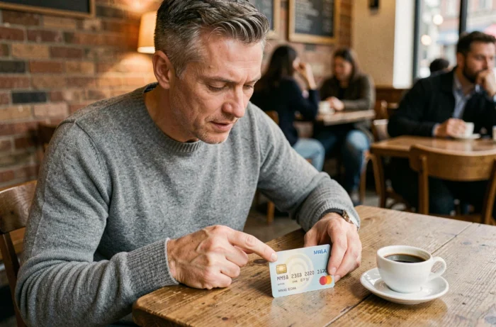 Homme pointant la date MM AA sur une carte bancaire posée sur une table de café