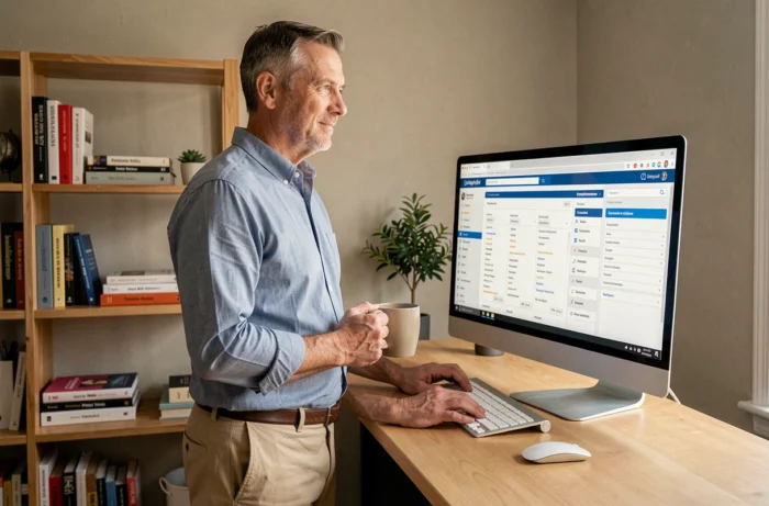 Homme d'âge mûr explorant la navigation complète d'un site dédié à l'emploi sur ordinateur de bureau