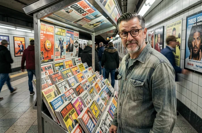 Homme surpris devant un kiosque à journaux coloré dans une station de métro