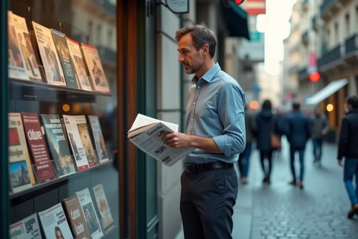 Homme parcourant des magazines culturels internationaux devant un kiosque à journaux dans une rue européenne animée