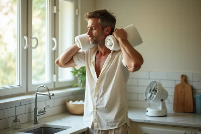 Homme se rafraîchissant avec un linge humide dans une cuisine domestique par temps chaud
