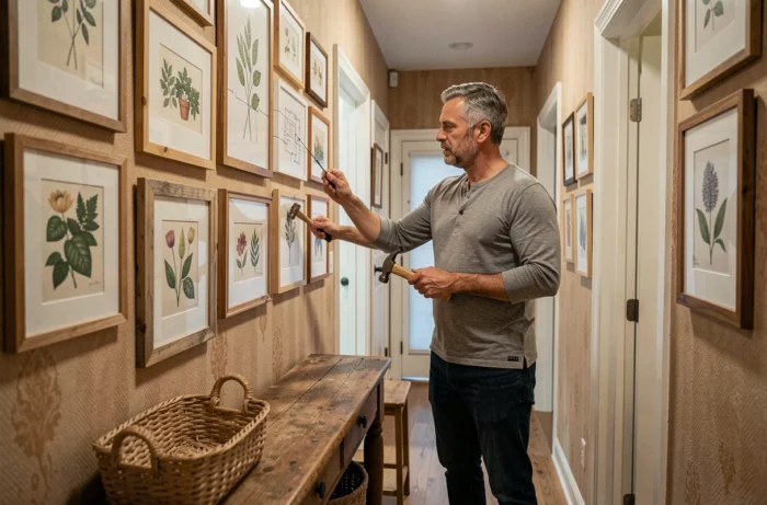 Homme créant un mur galerie avec des cadres et illustrations dans un couloir décoré