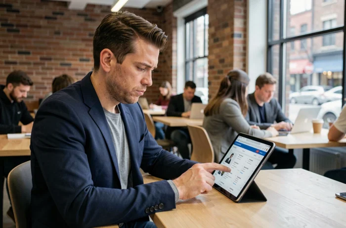 Homme parcourant des offres d'emploi sur une tablette dans un espace de coworking urbain