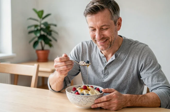 Homme savourant un bol de porridge aux fruits frais et au miel lors d'un petit-déjeuner sain à la maison