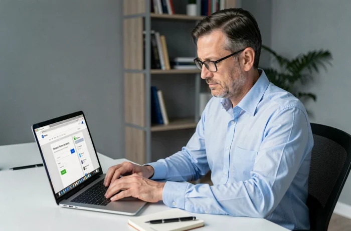 Homme utilisant un ordinateur portable pour rechercher un numéro inconnu via un service d'annuaire inversé gratuit au bureau