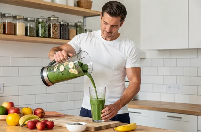 Homme préparant un smoothie vert détoxifiant à base d'épinards et de gingembre dans une cuisine moderne après les fêtes