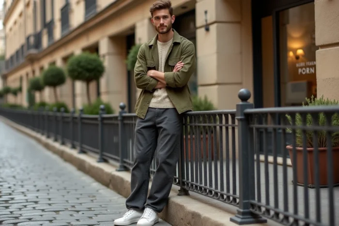 Homme stylé en veste utilitaire olive et pantalon large posant dans une rue pavée européenne