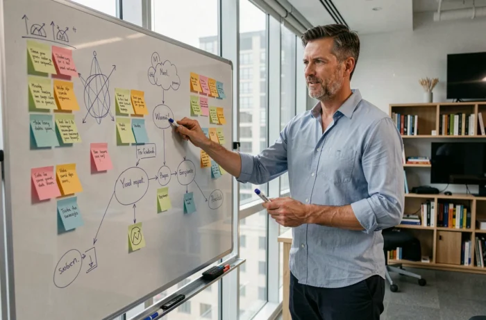 Homme présentant des innovations web et tendances numériques sur un tableau blanc dans un espace collaboratif