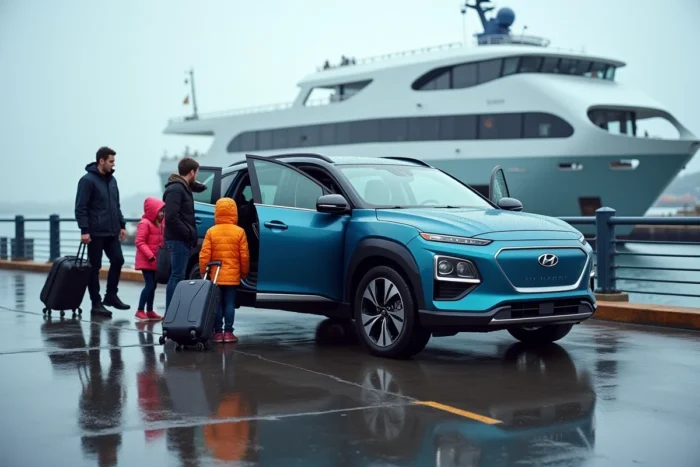 Un Hyundai Ioniq 7 bleu minéral dans un terminal de ferry, une famille de six personnes monte à bord avec des valises
