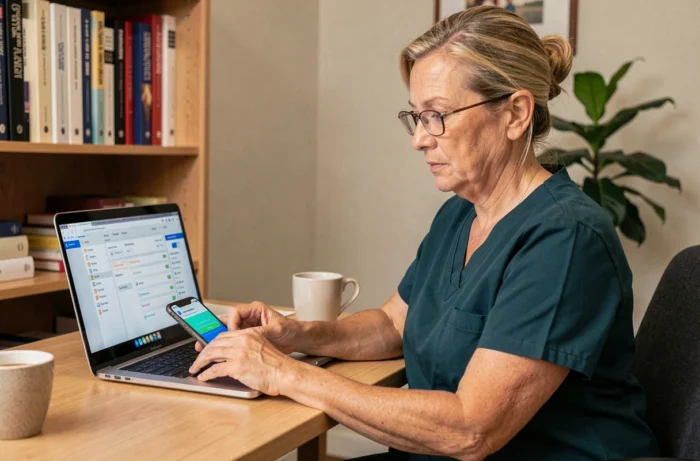 Infirmière vérifiant son authentification double facteur pour accéder à Weda depuis son domicile