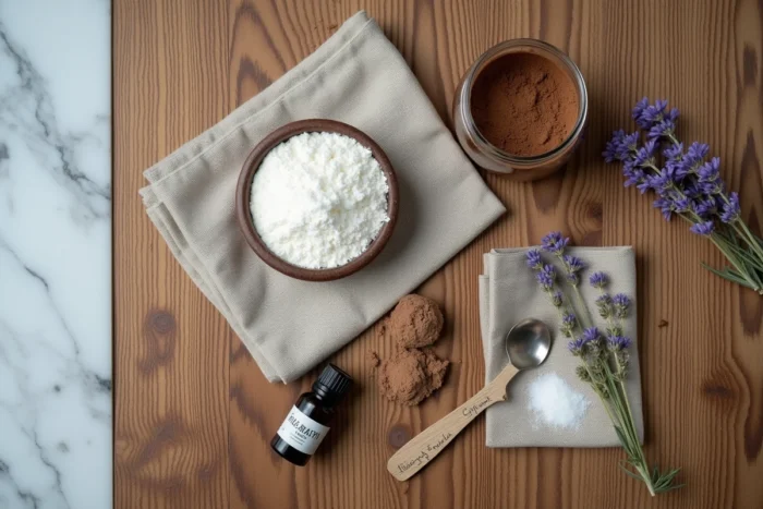 Ingrédients naturels pour shampoing sec fait maison disposés en flat lay sur bois rustique