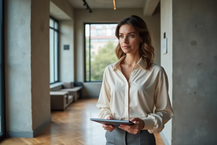 Investisseuse immobilière visitant un appartement rénové pour optimiser sa fiscalité