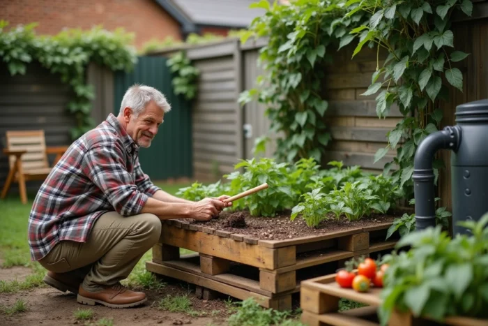 Homme gérant un composteur en bois et potager surélevé dans un jardin éco-responsable