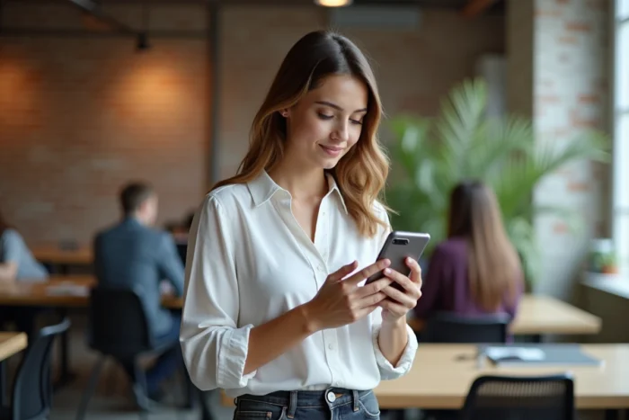 Jeune femme utilisant son smartphone pour accéder à l'ENT CESI dans un espace de coworking