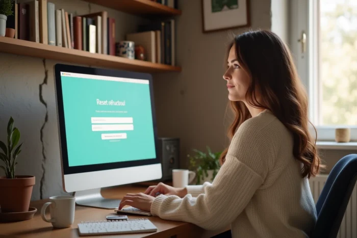 Jeune femme travaillant depuis son bureau à domicile pour résoudre une panne de connexion à ID AC Versailles