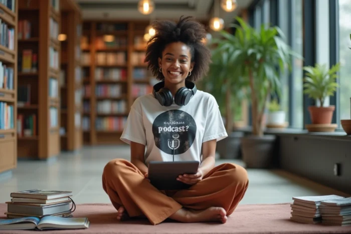 Jeune femme explorant des contenus culturels numériques et des publications imprimées dans une médiathèque contemporaine