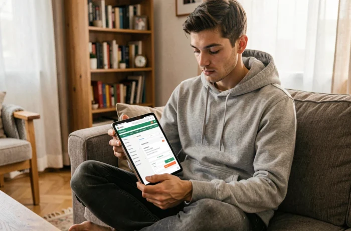 Jeune homme consultant les pages d'un site d'emploi sur une tablette dans son salon