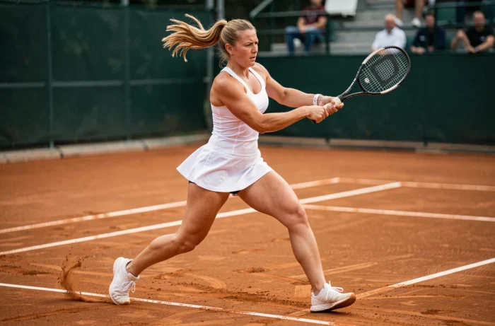 Joueuse de tennis professionnelle en plein revers sur un court en terre battue lors d'un tournoi