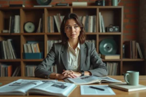 Journaliste culturelle travaillant dans une rédaction moderne entourée de magazines et d'un écran affichant les dernières tendances médias