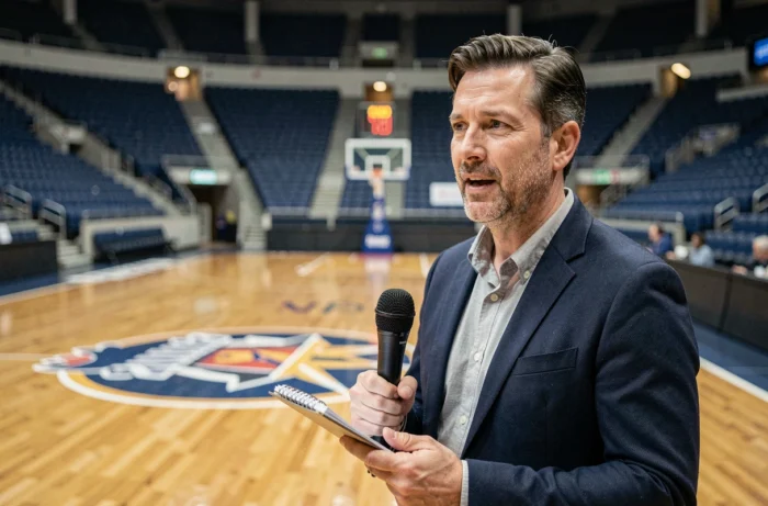 Journaliste sportif tenant un micro en bord de terrain dans une salle de basketball moderne