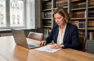 Juriste française analysant des documents légaux sur la réglementation de l'intelligence artificielle dans un cabinet d'avocats parisien